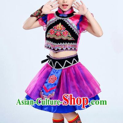 Chinese Ethnic Festival Performance Costumes Li Minority Folk Dance Clothing Yi  Nationality Girl Rosy Dress Outfits