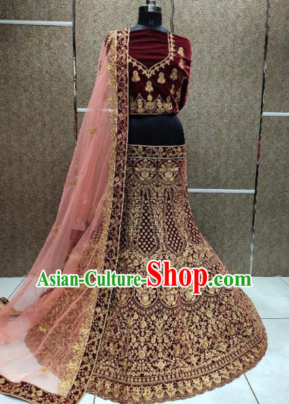 Top Indian Embroidered Maroon Velvet Dress Outfit India Wedding Clothing Traditional Bride Lengha Garment Top Indian Embroidered Maroon Velvet Dress Outfit India Wedding Clothing Traditional Bride Lengha Garment