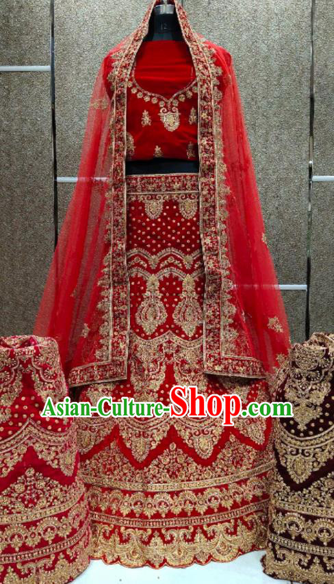 Top India Wedding Clothing Indian Traditional Bride Lengha Garment Embroidered Red Velvet Dress Outfit Top India Wedding Clothing Indian Traditional Bride Lengha Garment Embroidered Red Velvet Dress Outfit