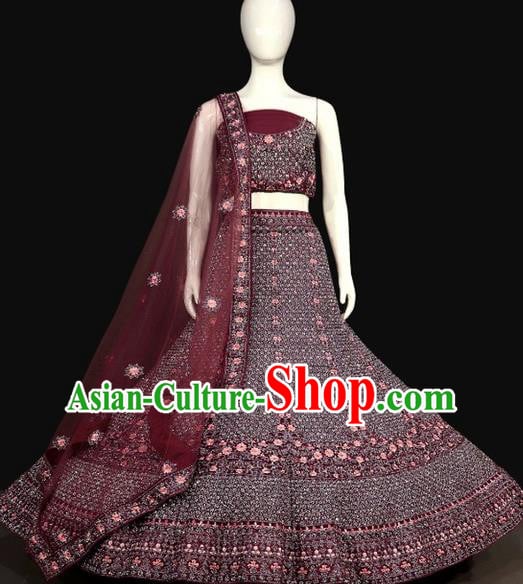 Indian Traditional Embroidered Wine Red Dress Outfit Wedding Clothing Top India Bride Lengha Garment Indian Traditional Embroidered Wine Red Dress Outfit Wedding Clothing Top India Bride Lengha Garment