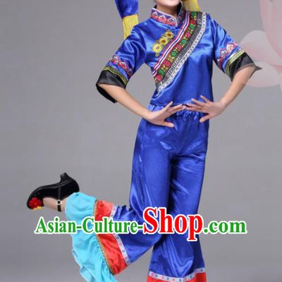 Chinese Ethnic Folk Dance Costumes Guangxi Minority Festival Clothing Zhuang Nationality Royal Blue Outfits and Headdress