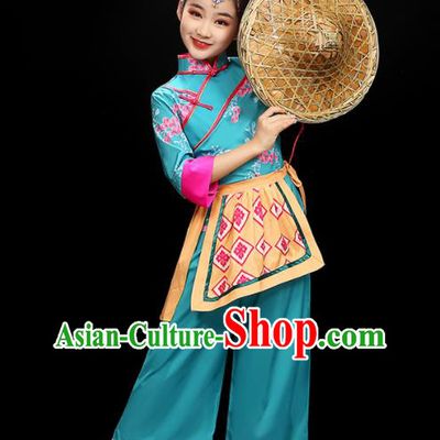 Chinese Children Folk Dance Clothing Group Dance Garment Costume Fan Dance Blue Uniform Traditional Tea Leaf Picking Dancewear