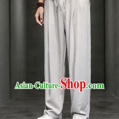 Chinese Top Linen Kung Fu Pants Martial Arts Training Grey Pants Shaolin Wushu Loose Pants Tai Chi Straight Leg Trousers for Men
