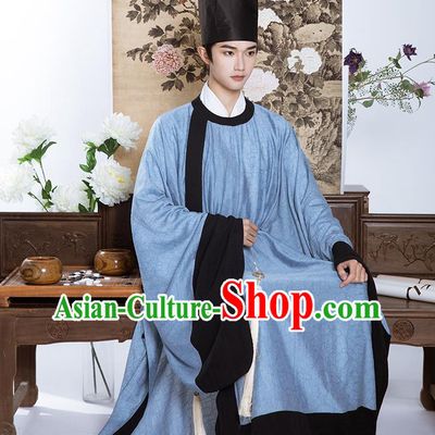 Chinese Traditional Blue Hanfu Robe Ming Dynasty Scholar Garment Costumes Ancient Taoist Clothing