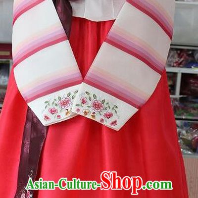 Korea Stripes Hanbok Women White Blouse and Red Dress Festival Garment Costumes Korean Traditional Clothing