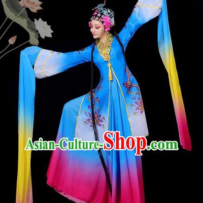 Chinese Opera Dance Clothing Classical Dance Costumes Water Sleeve Dance Garment Women Group Dance Blue Dress