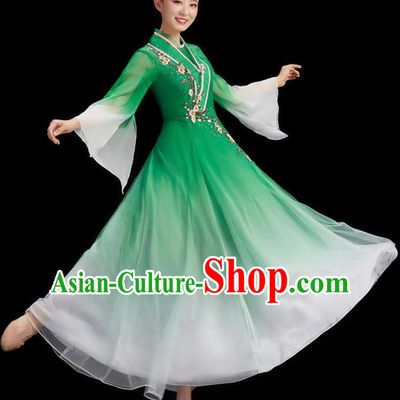China Women Group Dance Green Dress Umbrella Dance Costume Stage Performance Garment Classical Dance Clothing
