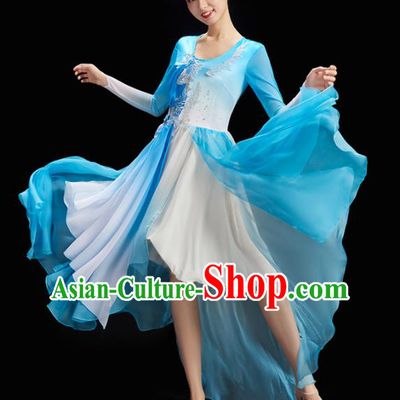 China Umbrella Dance Costume Stage Performance Garment Classical Dance Clothing Women Group Dance Blue Dress