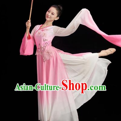 China Women Water Sleeve Dance Pink Dress Umbrella Dance Costume Stage Performance Garment Classical Dance Clothing