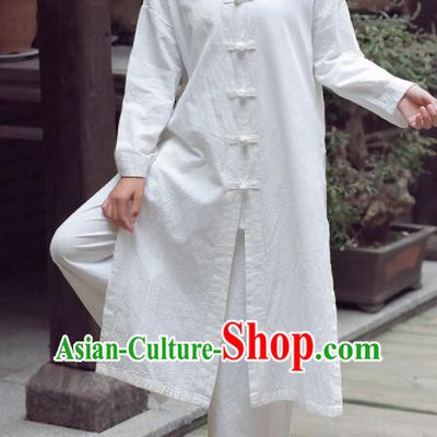 Top Women Tai Chi Training White Linen Jacket Chinese Wing Chun Outer Garment Traditional Martial Arts Costume