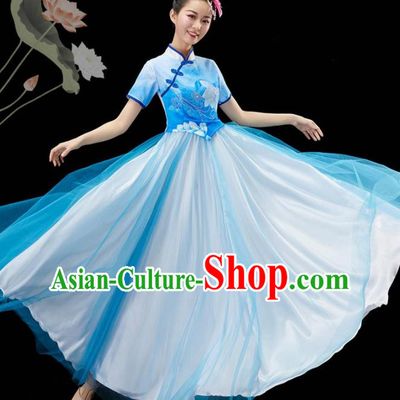 Chinese Classical Dance Clothing Women Chorus Group Costume Modern Dance Blue Dress Umbrella Dance Garment