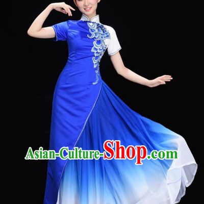 Chinese Stage Performance Royal Blue Dress Chorus Clothing Women Group Dance Garments Classical Dance Costume