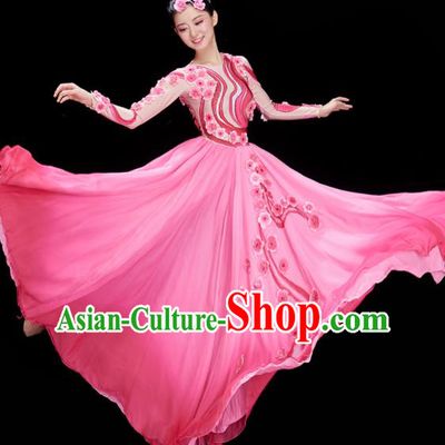 Chinese Umbrella Dance Clothing Women Group Dance Garments Classical Dance Costume Stage Performance Pink Flower Petals Dress