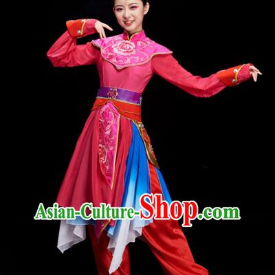 Chinese Stage Performance Megenta Outfit Drum Dance Clothing Women Group Dance Garment Classical Dance Costumes
