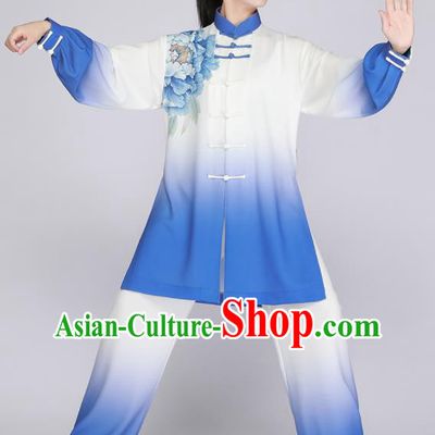 Top Tai Chi Outfit Chinese Kung Fu Costumes Tai Ji Training Blue Uniform Printing Peony Clothing