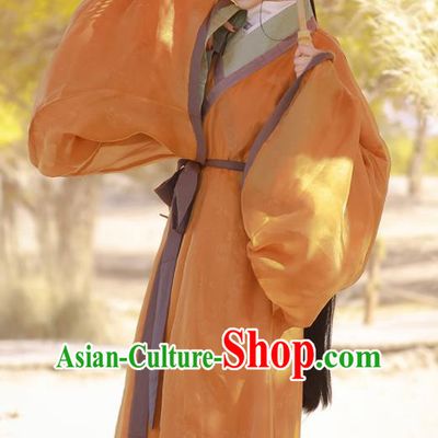 Chinese Traditional Ginger Straight Front Robe Hanfu Clothing Ancient Palace Lady Garments Han Dynasty Women Historical Costumes