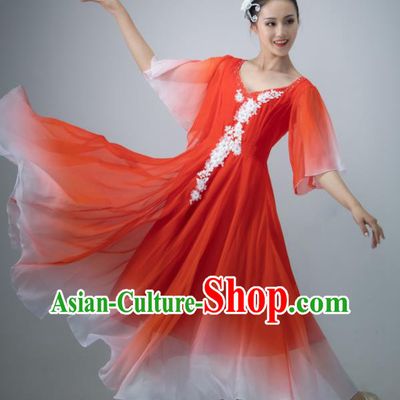 Chinese Opening Dance Clothing Women Group Dance Garment Chorus Performance Costume Modern Dance Red Chiffon Dress