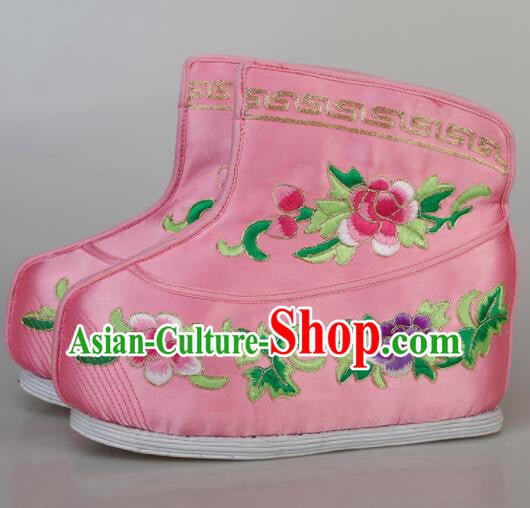 Chinese Traditional Opera Pink Satin Boots Handmade Shoes Ancient Princess Shoes Embroidered Hanfu Boots Chinese Traditional Opera Pink Satin Boots Handmade Shoes Ancient Princess Shoes Embroidered Hanfu Boots