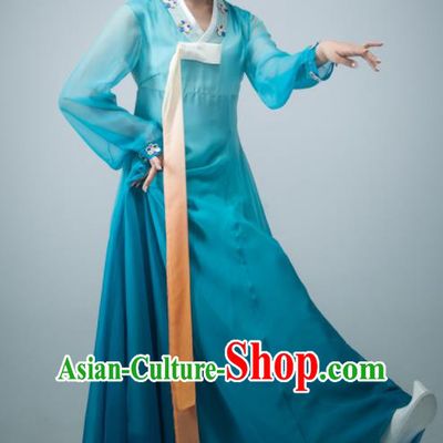 Chinese Women Stage Performance Costume Classical Dance Blue Dress Korean Nationality Dance Clothing