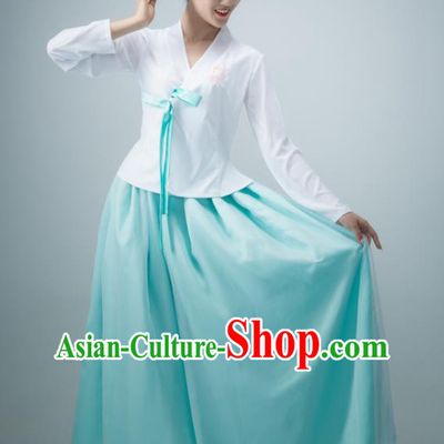 Chinese Classical Dance Clothing Korean Nationality Stage Performance Costume Women Group Dance Blue Dress