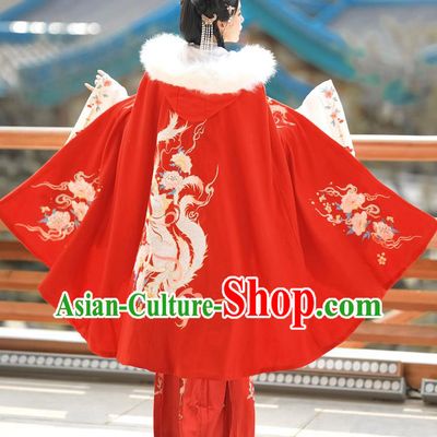 China Ancient Princess Garment Costume Traditional Hanfu Red Woolen Mantle Ming Dynasty Noble Lady Embroidered Cloak Clothing