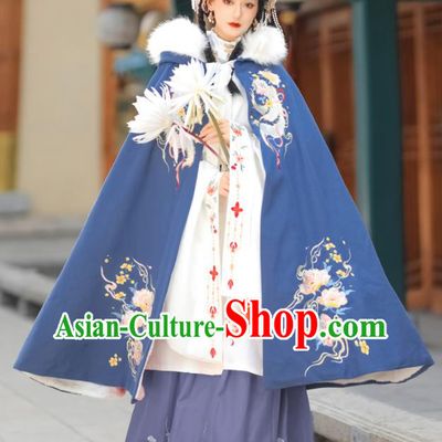 Chinese Ancient Place Lady Clothing Traditional Hanfu Embroidered Blue Mantle Ming Dynasty Princess Cloak Costume