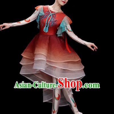 China Stage Performance Garments Modern Dance Clothing Opening Dance Red Dress Outfit Umbrella Dance Costumes