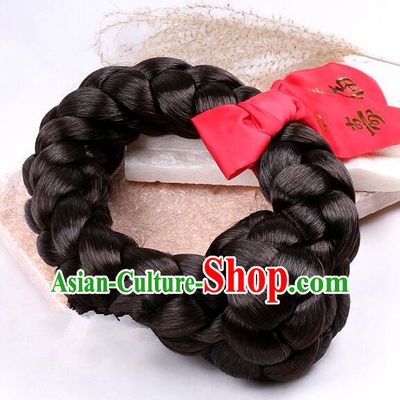 Korean Traditional Bride Braid Wig Handmade Hanbok Black Hair Piece Court Women Hair Bun