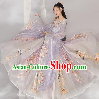 Chinese Southern and Northern Dynasties Noble Woman Garment Costumes Ancient Royal Princess Clothing Traditional Embroidered Lilac Hanfu Dress