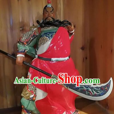 Handmade 22 inches Guan Yu Porcelain Statue Arts Guan Gong Sculpture Chinese Shi Wan Ceramic Figurine