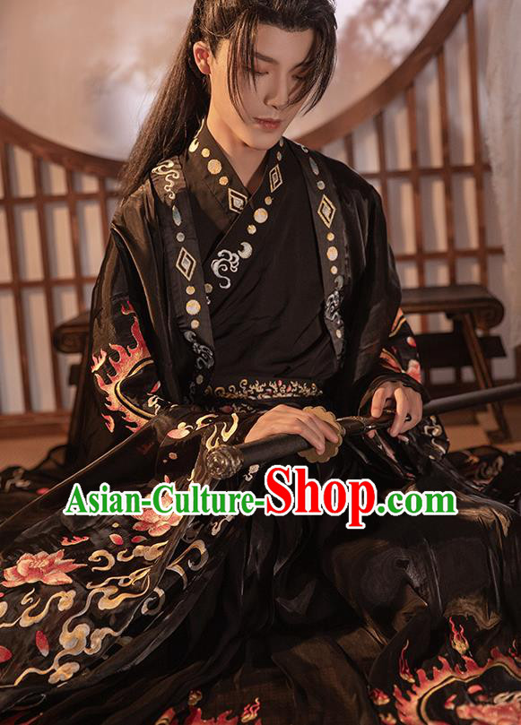 Chinese Song Dynasty Noble Childe Historical Costumes Ancient Swordsman Black Hanfu Clothing Chinese Song Dynasty Noble Childe Historical Costumes Ancient Swordsman Black Hanfu Clothing