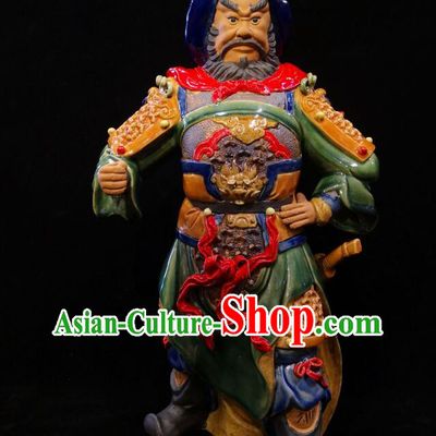 Handmade Zhou Cang Sculpture Chinese Shi Wan Ceramic Figurine Guan Yu Guardian Porcelain Statue Arts
