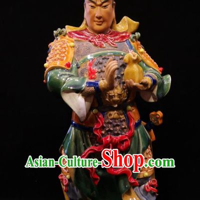 Handmade Guan Yu Guardian Porcelain Statue Arts Guan Ping Sculpture Chinese Shi Wan Ceramic Figurine