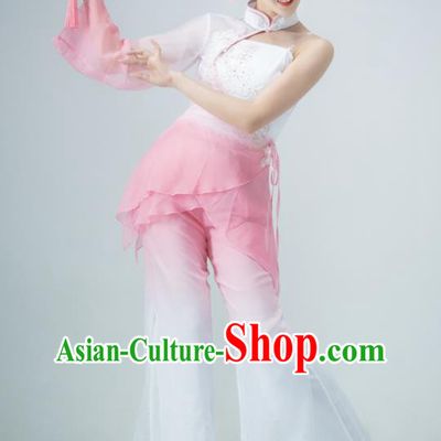 Chinese Yangko Performance Costume Fan Dance Pink Outfit Women Group Garments Folk Dance Clothing