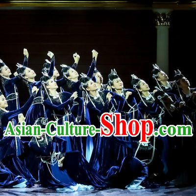 Chinese Women Group Dance Dark Blue Velvet Dress Mongolian Dance Garment Mongol Nationality Dance Clothing Stage Performance Costume