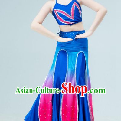 Chinese Peacock Dance Garment Classical Dance Clothing Stage Performance Costume Children Dai Nationality Dance Blue Dress