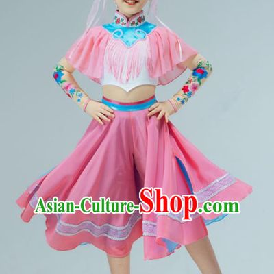Chinese Stage Performance Costume Children Fan Dance Pink Dress Drum Dance Garment Folk Dance Clothing