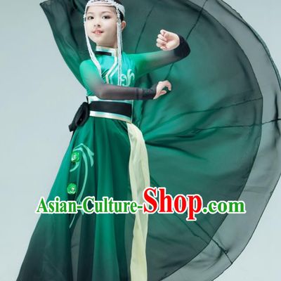 Chinese Stage Performance Costume Children Mongolian Dance Green Dress Mongol Nationality Dance Garment Classical Dance Clothing