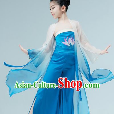 Chinese Stage Performance Costume Classical Dance Blue Outfit Children Fan Dance Garments Lotus Dance Clothing