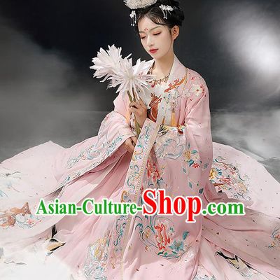 Chinese Jin Dynasty Noble Lady Garment Costumes Ancient Royal Princess Clothing Embroidered Pink Hanfu Dresses