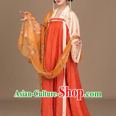 Chinese Tang Dynasty Princess Clothing Ancient Palace Lady Orange Hanfu Dress Traditional Historical Costumes