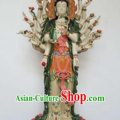 Handmade 46 inches Thousands Hands Guanyin Statue Arts Chinese Buddha Porcelain Sculpture Shi Wan Guan Yin Ceramic Figurine