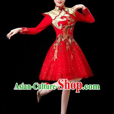Chinese Drum Dance Red Dress Women Group Dance Costume Modern Dance Clothing