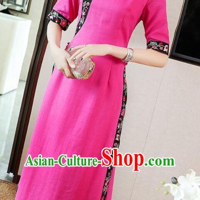 Chinese Traditional Cheongsam Embroidered Megenta Dress Aodai Qipao