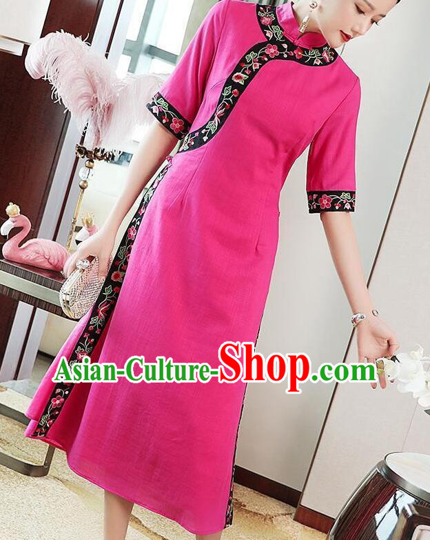 Chinese Traditional Cheongsam Embroidered Megenta Dress Aodai Qipao Chinese Traditional Cheongsam Embroidered Megenta Dress Aodai Qipao