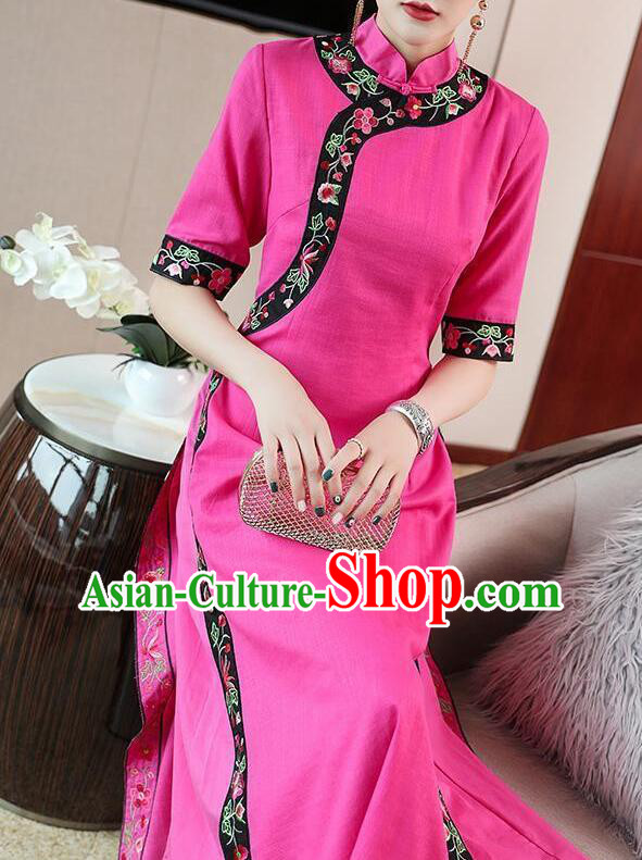Chinese Traditional Cheongsam Embroidered Megenta Dress Aodai Qipao Chinese Traditional Cheongsam Embroidered Megenta Dress Aodai Qipao