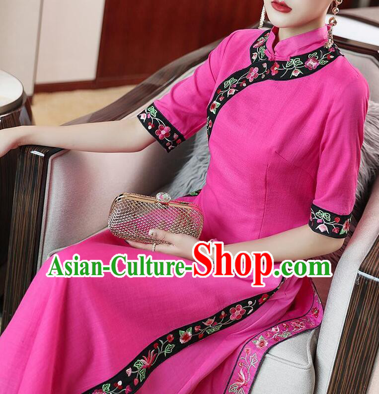 Chinese Traditional Cheongsam Embroidered Megenta Dress Aodai Qipao Chinese Traditional Cheongsam Embroidered Megenta Dress Aodai Qipao
