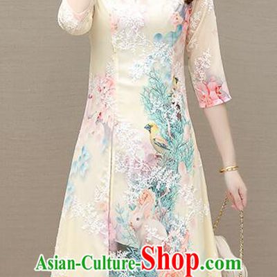 Chinese Embroidered Dress Aodai Qipao Traditional Apricot Cheongsam