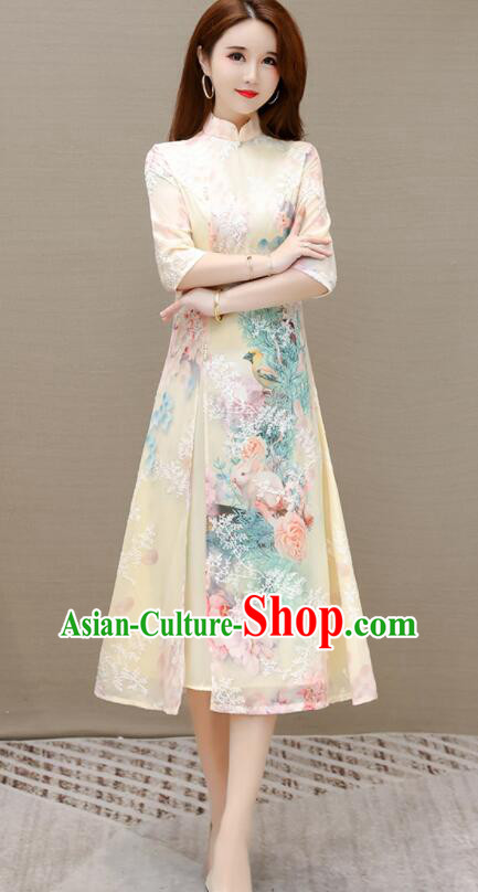 Chinese Embroidered Dress Aodai Qipao Traditional Apricot Cheongsam