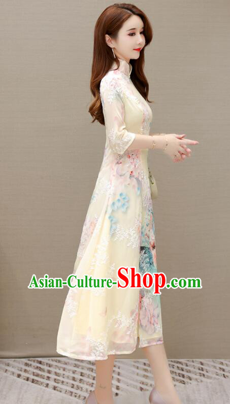 Chinese Embroidered Dress Aodai Qipao Traditional Apricot Cheongsam